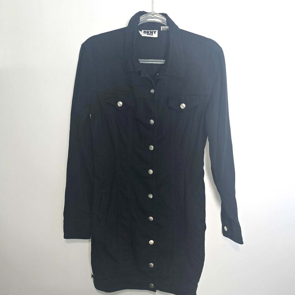 Vintage 90s DKNY Jeans Mini Black Denim Dress Trucker Style Cotton Size 10